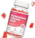 Kalium Gummies voor Volwassenen Vrouwen en Mannen, Kalium Citrate Supplement, Ondersteuning Been Krampen, Spier Gezondheid en Elektrolyt Balance, Suikervrij, Biologisch, Veganistisch, Aardbei, 60 Ct
