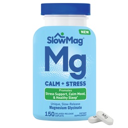 SlowMag Magnesium Glycinate Caplets, 150 Count, Slow-Release, Calm & Stress Support, Healthy Sleep, Gentle on Stomach, Chelated Magnesium Glycinate Supplements for Women & Men