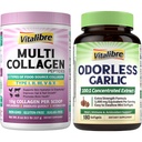 Vitalibre Odorless Garlic, Extra Strength 100:1 Extract, Heart & Immunity, Antioxidant Defense, 180 Softgels, and Multi Collagen Peptides Powder Type I II III V X, 8oz