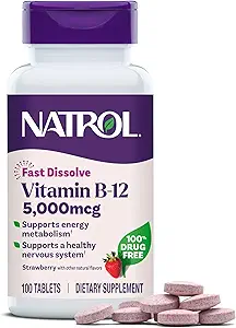 Natrol Vitamine B12 Fast Solution Tablets, bevordert energie, ondersteunt een gezond zenuwstelsel, maximale sterkte, aardbeien smaak, 5.000 mcg, 100 Tellen (pakket van 2)