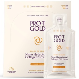 ProT Gold Liquid Collageen Proteine Shot, 17g Clear Protein Nano-Hydrolyzed Grass Fed Collageen, 2g Arginine voor wond ondersteuning, Glutenvrij, Suikervrij, 0g Carbs, Orange Creme, 1 fl oz, 24 Pack