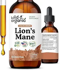 Wild & Organic Lions Mane Liquid Drops - Focus & Brain Support - Lions Mane Supplement - Hericium Erinaceus Mushroom Extract Tinctuur - Vegan, Alcohol & Sugar-Free - 2 fl oz