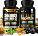 Sea Moss & Shilajit Multivitamine Bundle - Sea Moss 7000mg, Shilajit 9000mg, Black Seed Oil 4000mg, Ashwagandha 2000mg, Ginger & Rhodiola Rosea 1000mg, All in 1 Supplementen (60 Telling) (1 Pack)