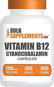 BulkSupplements.com Vitamine B12 Capsules - als Cyanocobalamine, Vitamine B Supplement, Vitamine B12 200 mcg - Energie Vitaminen, Glutenvrij, 1 Capsule per Serving, 500 Capsules (Pack of 1)