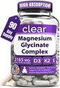 Clear Magnesium Glycinate Supplements Capsules for Women & Men with Vitamin D3, K2 & E - Support Sleep, Stress & Muscle with High Absorption Chelated Magnesium Supplement - Made in USA - 90 Day Supply