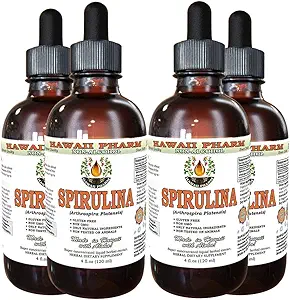 Spirulina Alcoholvrije Liquid Extract, Organische Spirulina (Arthrospira platensis) Gedroogde Algen Glycerite Natuurlijke Kruidensupplement, Hawaii Pharm, USA 4x4 fl.oz