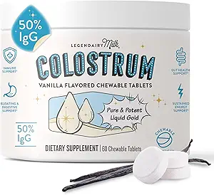 Legendairy Milk Colostrum Supplement - Premium Bovine Colostrum for Humans - 50% IgG Immunoglobulin for Immune Support & Gut Health - Energy & Muscle Recovery - Vanilla Chewable Tablets, 30 Servings