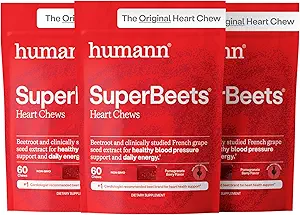 HumanN SuperBeets Heart Chews, Nitric Oxide and Blood Pressure Support, Grape Seed Extract & Non-GMO Beet Root Powder Energy, Granaatappel Berry Flavor, 180 Tel.