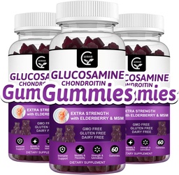 Glucosamine Chondroitin Gummies met MSM & Vlierbessen Extra sterkte Mobiliteit en flexibiliteit Ondersteuning, Antioxidant Immune Supplement voor volwassenen, mannen & vrouwen - 60 Chondroitin Gummies (3 Pack)