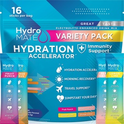 HydroMATE Electrolyte Powder Variety Pack Hydration Packets Lage suiker 16 Tellen