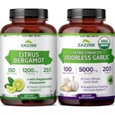 Zazzee Herbal Healthy Heart Support Bundle | Antioxidant Rich USDA Organic Odorless Garlic Extract with Super Concentrated Citrus Bergamot Capsules | Non-GMO Vegan & ISO Lab Tested