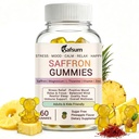 Saffron Gummies with Magnesium, L-Theanine, Vitamins - Happy Gummies for Stress Relief & Mood Support Saffron Supplements for Adults & Kids, Sugar Free Pineapple Flavor, 60 Gummies