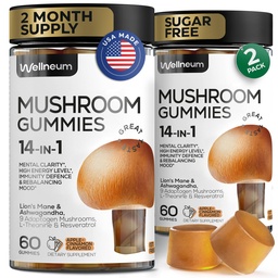 Paddestoelen Gummies 5000 Mg 120 Stuks (2 Pack) - Lion's Mane en 9 Adaptogene Paddenstoelen Blend - Ashwagandha, L-Theanine - Paddestoelen Gummies for Energy, Immunity, Focus, Brain Boost - Geen suiker en GGO