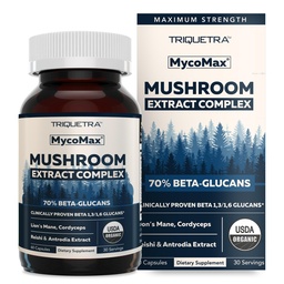 MycoMax Mushroom Complex - 70% Beta Glucans, Max Potency Mushroom Supplement, US Grown + Ultrasonic Extraction - Lions Mane, Cordyceps, Reishi & More - Cognition, Immunity, Energy - 60 capsules