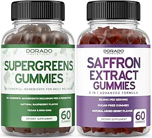 Supergreens Gummies (60 Count) - Superfood for Immunity Support for Adults and Saffron Supplements (60 Gummies) Sugar Free 5 in 1 Geavanceerde Formule - Niet GGO - Niet GGO, Vegan Safe & USA Made