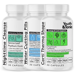 Jeugd & Tonic Dieetdiscipline voor Mindful Eating, Cleanse, Detox & Energy Support Watergewicht, Gut Cleanse & CortiThermo Shape voor Metabolisme, verlies van lichaamsvloeistoffen, Breek het plateau, 90 pillen