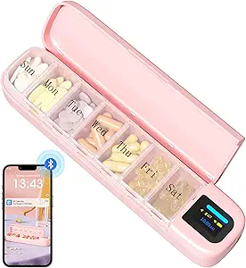 Daviky Automatic Pill Dispenser, Smart Pill Organizer met Alarm, Pill Box 7 Dag met APP, Weekly Travel Pill Case, Portable Pill Herinnering voor Geneesmiddelen, Supplementen en Vitaminen (Roze)