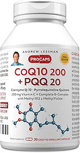 ANDREW LESSMAN Coenzyme Q-10 200 Plus PQQ 20mg - 30 Capsules - Onderhoudt CoQ10 niveaus, Optimale Cellulaire Energie, Ondersteunt energieproductie, hart, hersenen, lever, nieren, Pancreas. Geen additieven