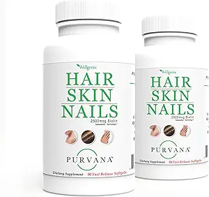 Wellgenix Purvana Hair, Skin, and Nails Vitamin Softgels for High Absorptie - Double Strength 2500mcg Biotin, VIT A & B (90 Count) 2 Pack