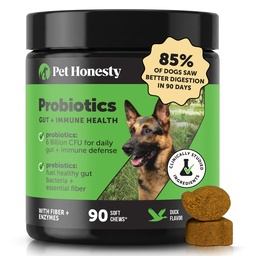 Pet Eerlijkheid Probiotica voor honden voor Occasional Diarree & Bowel Ondersteuning, Digestieve Enzymen met Prebiotica voor Gut Health voor honden, Immunity Health & Itch Relief (Duck 90 ct)