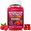 Magnesium Glycinate Gummies 500mg, Sugar Free for Women Men Kids Adults | Magnesium Zinc Supplement Gummies for Body Support, Stress Nerve Muscle Relief Relaxation and Zzz, Vegen, Raspberry, 60 Cts