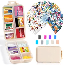 14 Grids Travel Pill Organizer Box met 415-Pcs Medicine Naam Labels - Pocket Daily Pharmacy Case Container Kit - Reismedicijnhouder Dispenser voor Visolie Vitamine Supplement Opslag - Khaki
