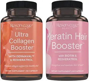 Reserveage Ultra Collagen Booster & Keratin Hair Booster - Features Dermaval, Biotin & Resveratrol - Support Hair & Skin - 90 Ultra Collagen Capsules, 60 Keratin Capsules