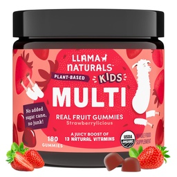 Llama Naturals Kids Multivitamin Gummies | Real Fruit, No Added Sugar Cane | Organic Vegan Toddler Whole Food Vitamins | Vitamin D, C & Beta Carotene Gummy Supplement | Strawberry 180 Ct (2-3 Months)
