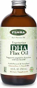 Flora DHA Vlasolie - Ondersteunt de gezondheid van het brein - Bevat Vegan Omega-3-6-9, Glutenvrij, Kosher & Non-GMO - Houden Gekoeld - Glazen Fles - 8.5 fl. oz.
