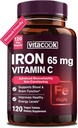 IJzersupplement voor vrouwen mannen, hoge potentie ijzer 65 mg met vitamine C 250 mg, maag vriendelijk ijzer pillen voor rode bloedcel en immuunondersteuning, non-GMO en glutenvrij,120 Vegan tabletten