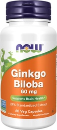 NOW Foods Supplements, Ginkgo Biloba 60 mg, 24% Standardized Extract, Non-GMO Project Geverifieerd, 60 Veg Capsules