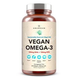 AMANDEAN Vegan Omega 3 Supplement. Premium Fish Oil Alternative. Algen DHA & EPA. Carrageenan Free Softgels. Algal Essentiële vetzuren. Plant gebaseerd hart, hersenen, oog, huid, immuunondersteuning. (60ct)