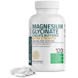 Bronson Magnesium Glycinate 400 mg Extra sterkte, vegetarisch, gecheleerd voor absorptie Voorzichtig op de maag, niet-GMO, 120 tabletten