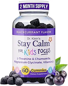 Dr. Klein's Stay Calm Kids Gummies – Magnesium Glycinate + Vitamin A, L-Theanine, Chamomile Extract – Promote Focus & Calm for Ages 5+ – Magnesium Gummies for Kids–Black Currant, Zero Sugar, 60 Count