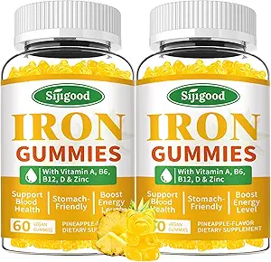 2 Pack Iron Gummies for Women & Men - Vegan Iron Supplement for Anemia & Iron Deficency, with Vitamin B12, Vitamin C, Zink, Folate - Energy Boost, Sugar-Free, Ananas smaak, 120 Tel.