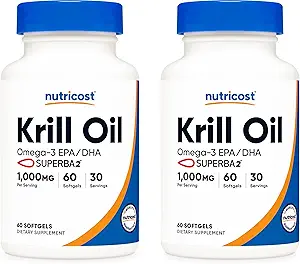 Nutricost Krill Oil 1000mg; 60 vloeibare softgels (2 flessen) - Omega-3 EPA-DHA