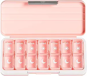 Zoksi Am Pm Pill Organizer 7 Dag, Weekly Pill Box 2 Times a Day, Medicine Pill Organizer met apart Compartiment, Travel Pill Case Dispenser Portable voor Vitaminen, Visolie, Geneesmiddelen(Roze)