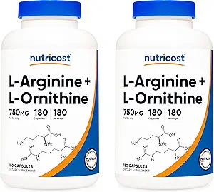 Nutricost L-Arginine L-Ornithine 750 mg; 180 capsules (2 flessen)
