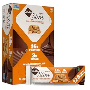 NuGo Slim Dark Chocolate Crunchy Peanut Butter, 17g Vegan Protein, 3g Sugar, 7g Fiber, 180 Calories, Low Net Carbs, Gluten Free, 12 Count