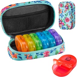 Serfeymi Weekly Travel Pill Organizer 2 keer Een dag AM PM Geüpgraded Regenboog Pill Box 7 dag met Portable Zipper Canvas Pill Case, Medicine Organizer voor pillen, Vitaminen, Visolie - Groen 01