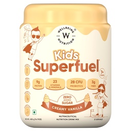 Wellbeing Nutrition Kids Superfuel 7+years |Zero Added Sugar |9g Milk Protein Isolate, 23 Vitamins & Minerals, 100mg DHA, 3g Fiber, Probiotics |Height Growth, Immunity & Brain| Vanilla, Nutrition Drink Powder, 400g