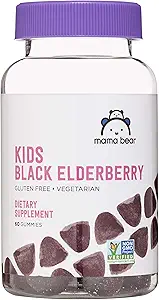 Merk - Mama Bear, Vegetarische kinderen Zwarte Vlierbessen Gummies 300 mg met vitamine C, D, E en zink - Immuunsysteem ondersteuning - 60 Gummies (1 tot 2 maanden levering), Non-GMO, Glutenvrij