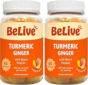 BeLive Kurkuma Curcumin met Black Pepper & Ginger - 500 mg Kurkuma en Gembersupplement voor Immune Support, Gezonde Huid, en Mobiliteit - Tropische Smaak 60 Tel.