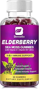 Vlierbessen Gummies & Irish Sea Moss, Biologische Sambucus Vlierbessen Gummy met Seamoss, Zink, Vitamine C, D3, Multivitamine Vlierbessen Vitamine & Energy Support Supplementen - Suikervrij