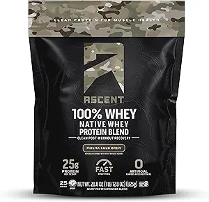 Ascent 100% Wei Proteïne Poeder - Post Workout Wei Proteïne Isolaat, Zero Artificial Flavors & Sweeten, Glutenvrij, 5.5g BCAA, 2.6g Leucine, Militair Exclusive, Mocha Cold Brew 1,7 lb