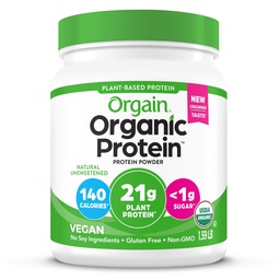 Orgain Organic Vegan Protein Powder, Natural Unsweeted - 21g Plant Protein, 4g Prebiotic Fiber, Low Net Carbs, No Lactose Ingredients, No Added Sugar, Non-GMO, For Shakes & Smoothies, 1,59 lb
