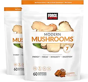 Force Factor Moderne Paddenstoelen Zachte Kauwen, Paddestoelen Supplement met Lions Mane, Turkije staart, & Cordyceps ter ondersteuning van energie, immuniteit, & spijsvertering, kaneelrol, 120 zachte kauwgom, 2-pack