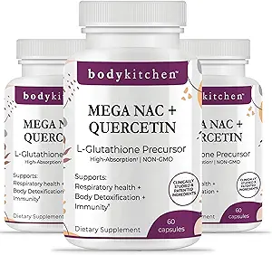 Body Keuken Mega NAC (N-Acetyl Cysteine) 600 mg met quercetine, ondersteunt de ademhalingsgezondheid en de immuunfunctie en bevordert lever- en nierdetox, Veggie Caps, (pakket van 3)