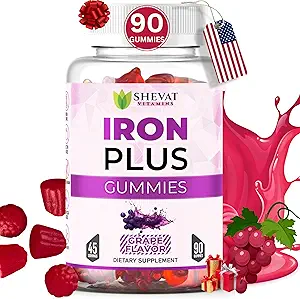 Made in USA 90 Iron Gummies For Women Anemia - Vegan, Glutenvrij & Immune Support Iron Supplement Gummies (Grape) - Kauwbare Iron Gummies for Men - Kids Iron Gummies for Kids with Vitamin C, A & Zink