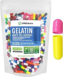 XPRS Nutra Size 1 Empty Capsules - 500 Count Empty Gelatin Capsules - Pill DIY Capsule Filling - Pure Bovine Pill Gel Caps for Do-It-Yourself Supplements (Multi Color)